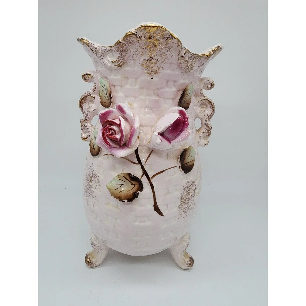 Vintage Pink Basketweave Ceramic Vase 3D Applied Roses Gold Gilt Trim 7.5in